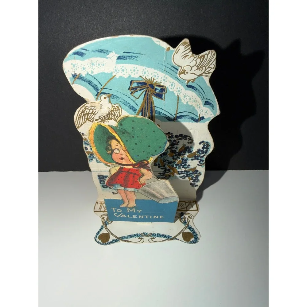 VTG Valentine Card Blue Girl with Pail Mechanical Pop Up Ephemera Junk Journal
